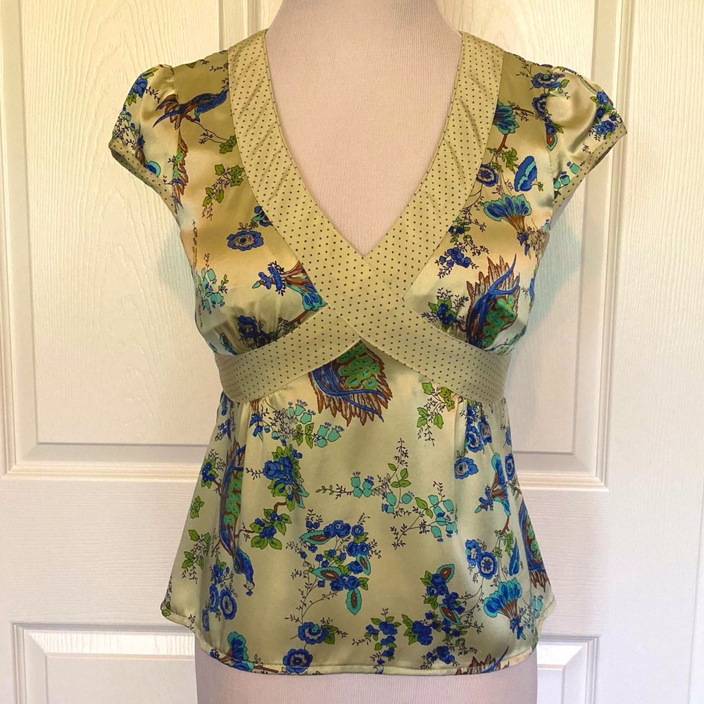 Nanette Lepore 100% Silk Blouse and Cardigan Set Light Green Peacocks 4 S Rare